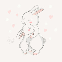 Hare. Animal family character. Vector illustration. Mom and baby. Happy mother day. Mom I love you.