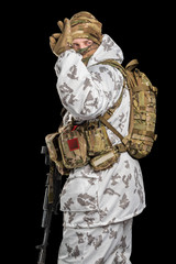 Soldier holding assault rifle and show hand sign. Uniform conforms to special services FSB of the...