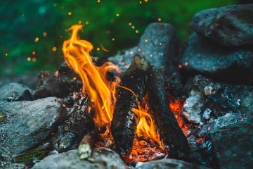 Vivid smoldered firewoods burned in fire closeup. Atmospheric background with orange flame of...