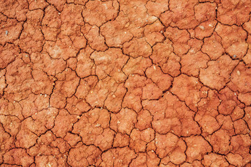 Nature background of cracked dry lands. Natural texture of soil with cracks. Broken clay surface of barren dryland wasteland close-up. Full frame to terrain with arid climate. Lifeless desert on earth