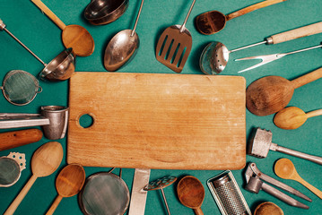 wooden kitchen utensils. Background. Wooden table. 