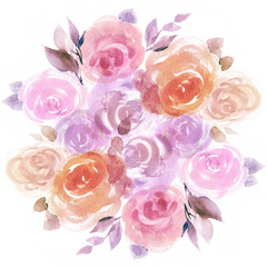 Hand-drawn bouquet of roses. Watercolor composition with blooming flowers. - 349810294