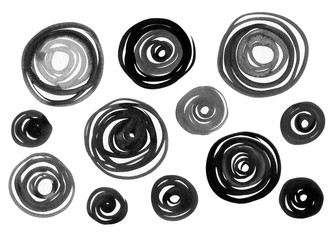 Black and gray watercolor circles. Ink blobs isolated on white background. - 349810402