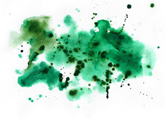 Green watercolor stains, drops and spots. Abstract red and blue background on white paper. - 349810469
