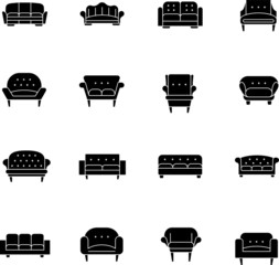 Different sofa and armchair, glyph icons