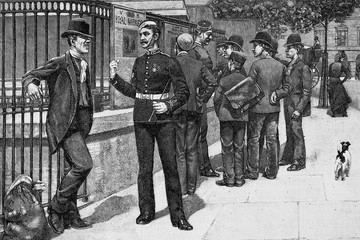 Volunteer recruitment in London. Church St. Martin in the Fields, 1892. Antique illustration. 1856.