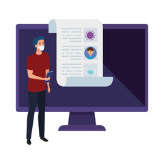 man searching covid 19 information online in computer vector illustration design