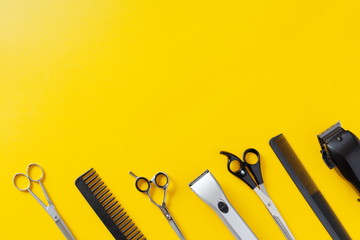 set for a hairdresser on a yellow background, place for an inscription