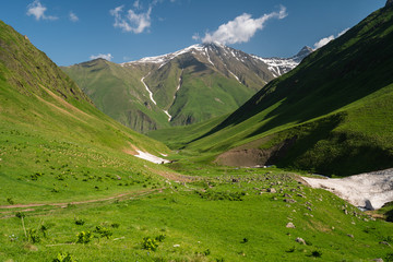 Beautiful summer season in Juta valley, small village surrounded by Caucasus mountain range in Georgia