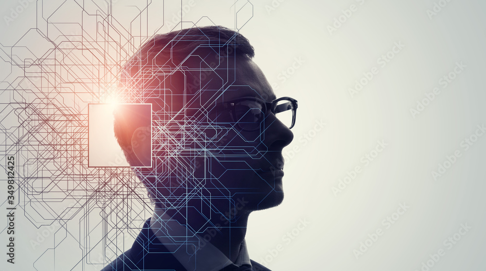 Poster AI (Artificial Intelligence) concept. Deep learning. Electronic circuit.