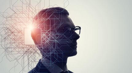 AI (Artificial Intelligence) concept. Deep learning. Electronic circuit.