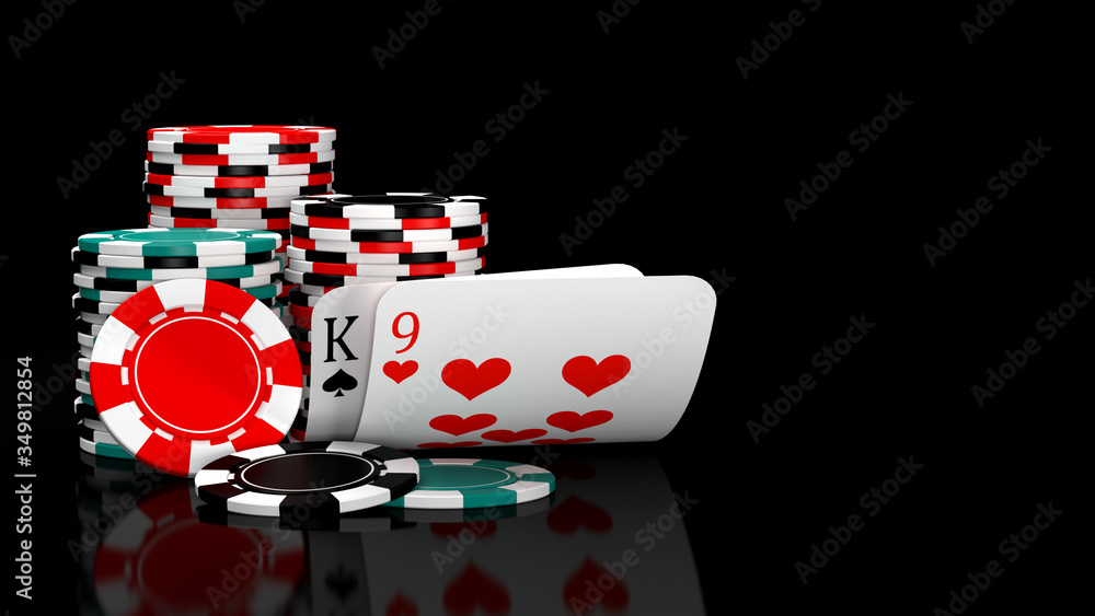 Wall mural baccarat game card combination natural 9 with casino chips on black table. 3d illustration