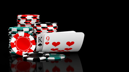 Baccarat game card combination natural 9 with casino chips on black table. 3D illustration
