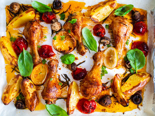 Sheet-pan barbecue chicken drumsticks with vegetables