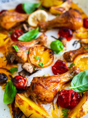 Sheet-pan barbecue chicken drumsticks with vegetables