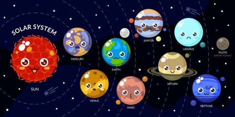 Funny Kawaii Planets With Different Faces. Solar System With Cute Cartoon Planets. Funny Universe For Kids , Sun, Mars, Mercury, Earth, Venus, Jupiter, Saturn, Uranus, Neptune, Pluto. © Anton Kustsinski