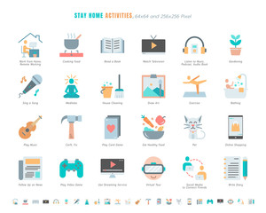 Simple Set of Stay Home Activities for Mental Health During Coronavirus, Covid-19 Crisis Related. Such as News Update, Cooking, Game. Line Outline Icons Vector. 64x64 Pixel Perfect. Editable Stroke.