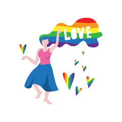 Vector illustration of dancing black woman with lgbt rainbow color flag hairs and word 