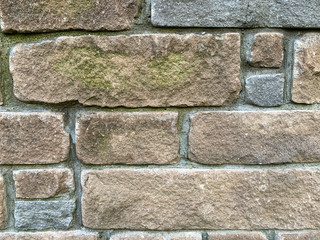 Close up photo of a brick or masonry wall. Old stone wall background or pattern.