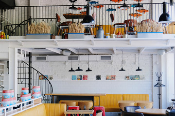 Empty designed interior of european american restaurant with no people.