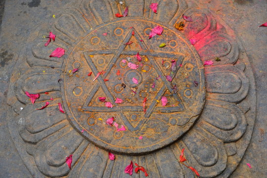 Lalitpur Nepal - Patan Durbar Square Shiva Shakti Hexagram stone carving