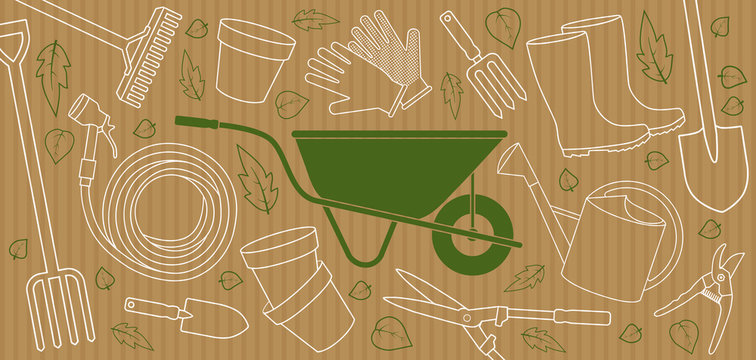 Affiche ou banni&egrave;re avec divers outils de jardinage en trac&eacute; blanc et une brouette verte sur un fond papier craft.