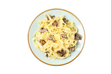 Plate with pasta, cheese and mushrooms isolated on white background