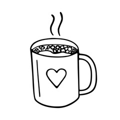 Large mug of coffee or cocoa hand-drawn. Vector doodle illustration black outline on a white background