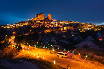 Uchisar castle at night, highest place of Cappadocia, central Anatolia, Turkey