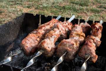 Grilled kebab cooking on metal skewer. Roasted meat cooked at barbecue. BBQ fresh beef meat chop slices. Traditional eastern dish, shish kebab. Grill on charcoal and flame, picnic, street food