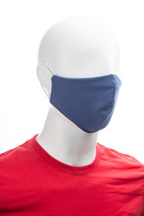 protective face mask against coronavirus on the face of a dummy, blue isolated on a white background