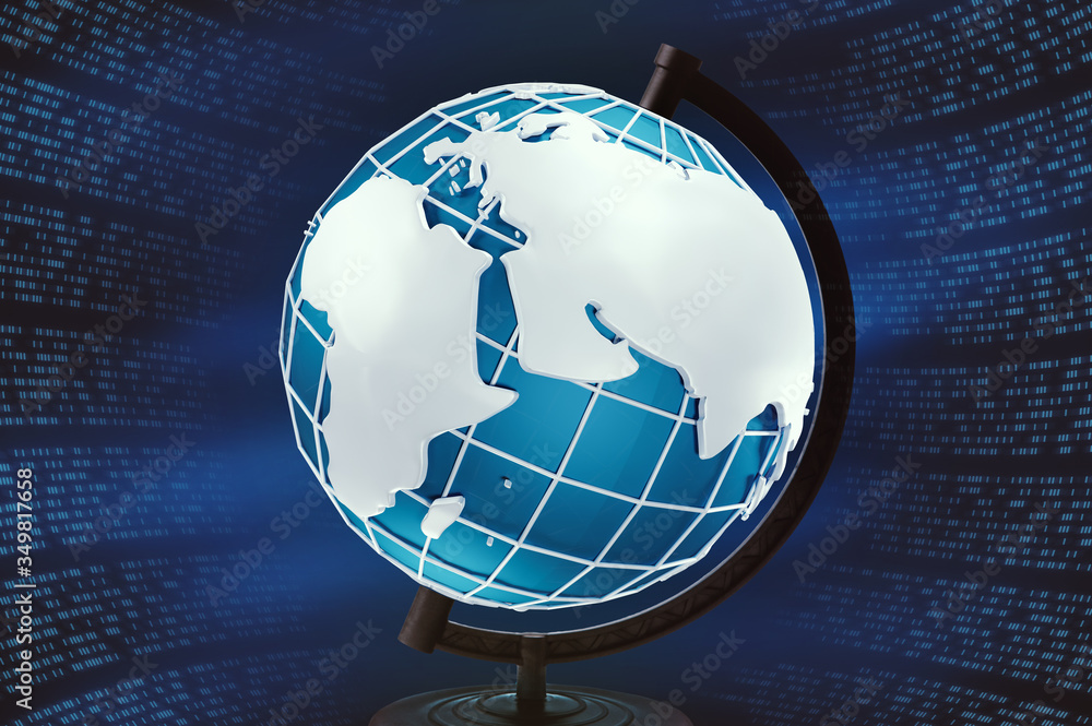 Aufkleber global technologies. planet earth on stand surrounded by computer code,dark background. creative col