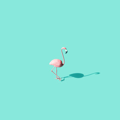 Flamingo on pastel blue background. Summer minimal concept. 3d rendering