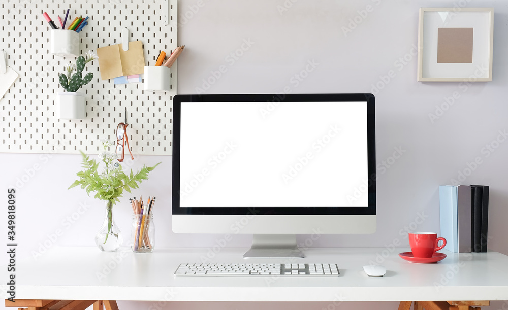 Wall mural workspace desk and laptop. copy space and blank screen. business image, blank screen laptop and supp