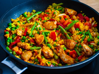 Paella chicken on wooden background
