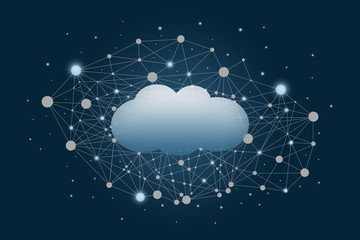 Cloud computing. Internet cloud on the background of the Internet grid on a dark blue background. Technologies of the future of modern Internet business. Exchange of information.