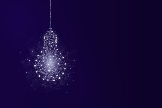 Light bulb from the network mesh, glowing on a dark blue background. Copy space. The concept of new ideas, technologies. I
