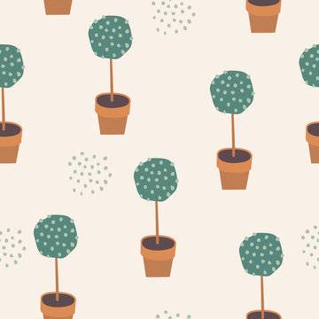 Seamless pattern with potted trees. Vector illustration on a light background.