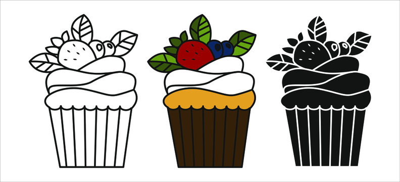 Set of vector cupcakes isolated on white background. Outline, silhouette and colored cupcake. Food design elements for the menu, bakery logo, web, postcards.