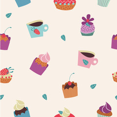 Seamless pattern on a light background. Cute beautiful and delicious cakes with cream, chocolate and strawberries, cups of coffee.
