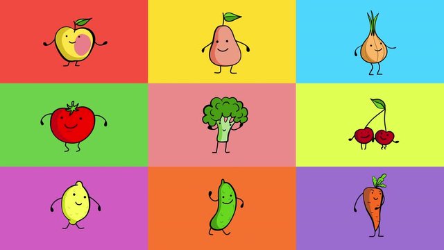 Cartoon animation background. Set of dancing fruits and vegetables. 4k