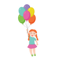 Fototapeta na wymiar Cute girl flying in balloons. Isolated character on a white background. Vector.