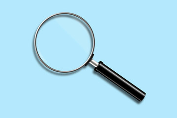 Magnifying glass on a blue background. Isolated.