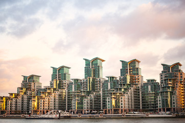 Stunning view of the St George Wharf area illuminated by a beautiful sunset. St George Wharf is a...