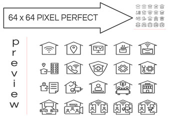 Stay at home line icons set 20 images vector.Doing activities at home preventing disease such as play game,shopping online,office home and more.Outline icon 64x64 Pixel Perfect.Editable Stroke.