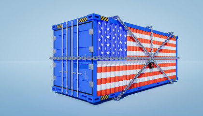 3d rendering of US trade and business lockdown concept design and cargo container.