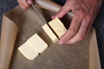 Dicing Butter. Making Boston Banoffee Pie.