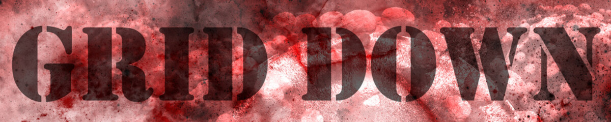 "Grid down" text in stencil letters on abstract blood and coronavirus background. 3D digital illustration. Horizontal banner. Video title screen, podcast or web 