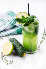 cucumber lemonade on a white wooden table