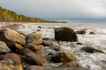 Fototapeta na wymiar City Tuja, Latvia. Baltic sea with rocks and sand. Travel photo.